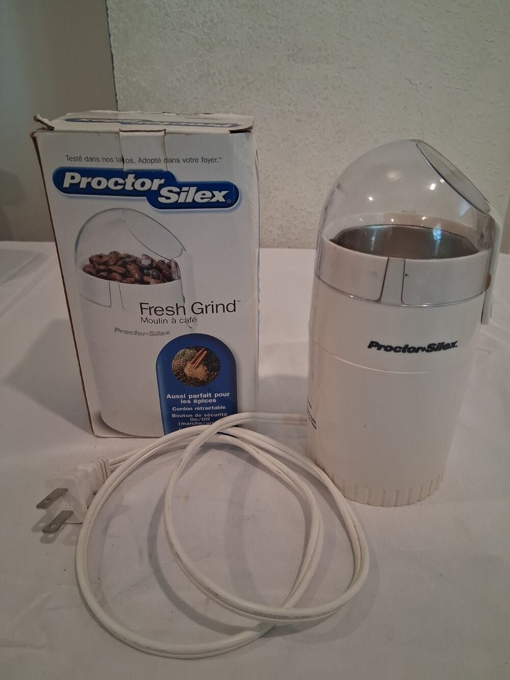 Proctor Silex Fresh Grind E160BY Electric Coffee Grinder White Tested With Box